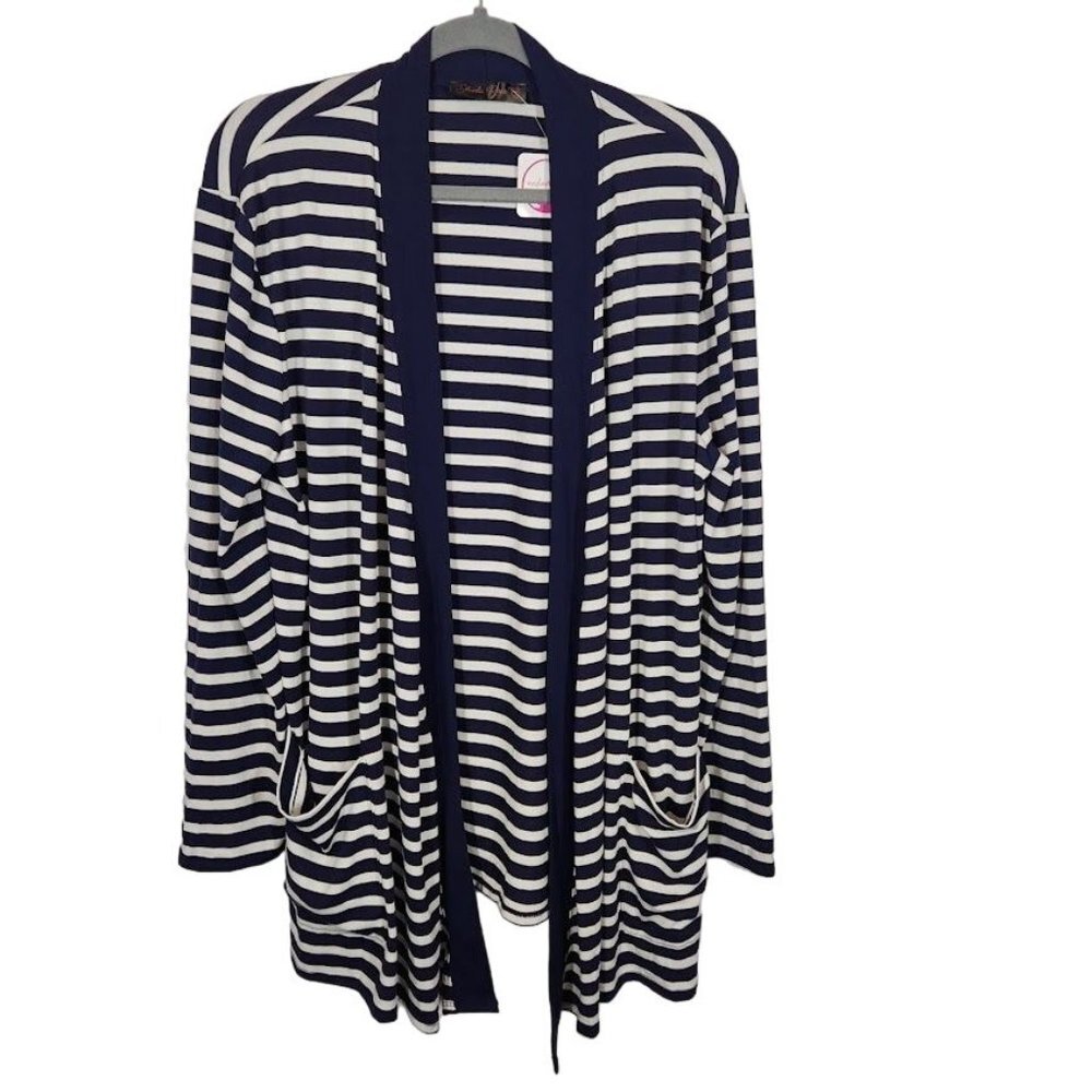 Shiela Rose Striped Open Front Jersey Cardigan in Navy and White - Size 2X